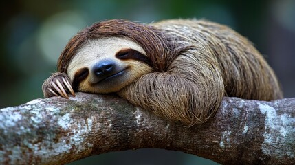 Obraz premium A sloth peacefully dozing on a branch embodies the tranquillity of the wild and would make an ideal atmospheric backdrop for presentations on the biodiversity of tropical forests.
