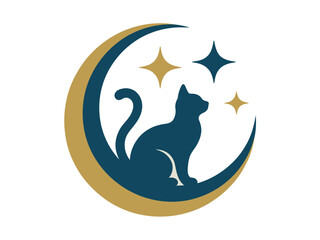 Mystical Cat Sitting on Crescent Moon with Golden Stars Shining Brightly