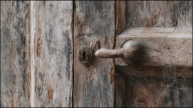 An antique wooden door with a rusty handle and keyhole, covered in cobwebs. The weathered wood and aged metal create a sense of history and abandonment - Powered by Adobe