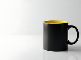 Black Ceramic Mug with Yellow Interior on White Background.