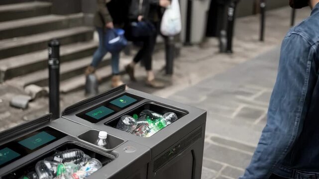 Medium shot of sensorequipped smart waste bin in action detecting and sorting recyclable materials automatically for streamlined urban waste management.