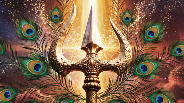 Murugan Banner with Glowing Vel, Sparkling Particles and Peacock Feather Motifs Against Deep Blue and Crimson Sky