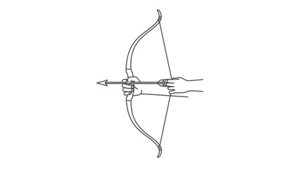 Hand holding bow and arrow in shooting position, outline vector illustration on isolated white background