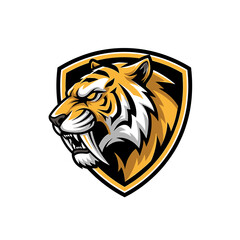 Fototapeta premium Illustration of a fierce tiger's head in a shield emblem with orange, black, and white colors on a plain white background.