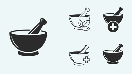 Collection of Mortar and Pestle Icons for Herbal Medicine and Pharmacy in Light Blue Background