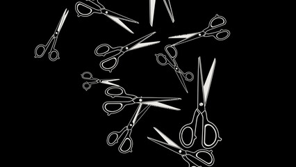 Various Outline Scissors Icons Scattered on a Black Background.