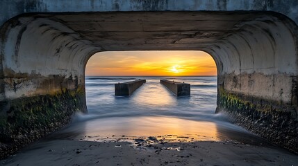 Sunset view through ocean tunnel with waves crashing