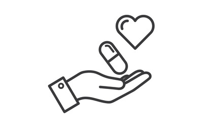 Obraz premium Hand offering pills with a heart symbol, representing medical treatment and care for health, in a line art style on an isolated white background.