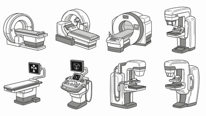 Collection of detailed medical imaging machines including MRI, CT scan, and mammography, in a line art style on an isolated white background.