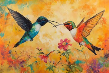 Two hummingbirds feeding with vibrant blue green and orange red plumage hovering near flowers watercolor painting