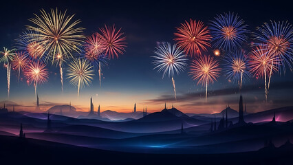 colorful fireworks exploding in night sky over desert landscape