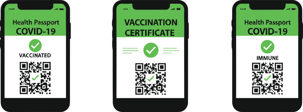 COVID-19 vaccination certificate smartphone vector set with QR codes, digital health passport screens for immunization proof, travel, and medical verification concepts