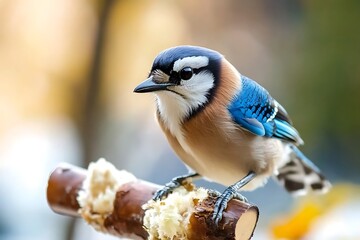 Blue and brown European jay perched on a wooden branch with suet snack bird wildlife blue feathers brown feathers