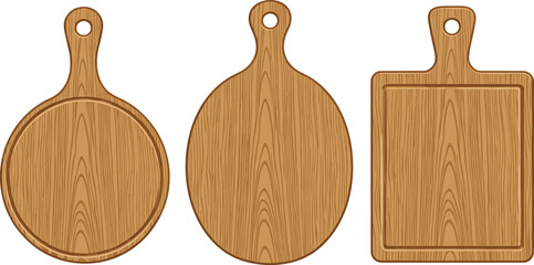 Wooden cutting board vector set with round and rectangular chopping boards, realistic wood texture kitchen tools for cooking, food preparation, and culinary design