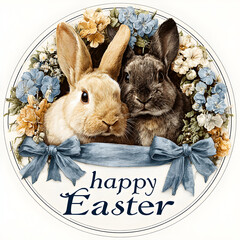 Two rabbits peeking from easter flower wreath with ribbon