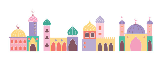 Islamic mosque cityscape illustration in flat pastel style