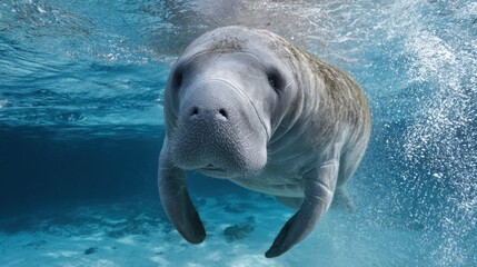 Obraz premium Underwater view of manatee moving calmly through turquoise water. Large aquatic mammal with smooth skin and rounded body. Ocean life, endangered species and marine conservation concept