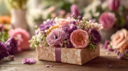 Gift box with elegant flowers bouquet on wooden table