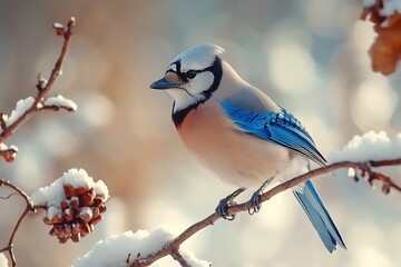 European jay bird perched on snowy winter branch with blue and beige plumage