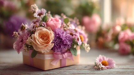 Flower bouquet in gift box on wooden table