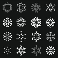 Set of Various White Vector Snowflakes Icons on Black Background