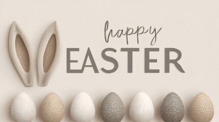 Happy easter text with bunny ears and speckled eggs