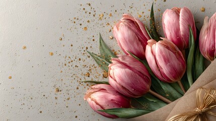 Pink tulips bouquet with gold glitter confetti
