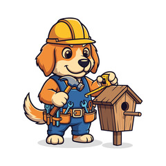 Fototapeta premium Cartoon Dog Construction Worker with Hard Hat and Tool Belt Illustration