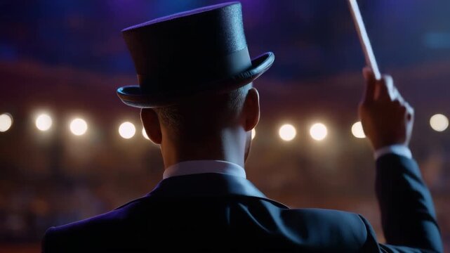 Male conductor in top hat leading orchestra on stage under bright lights