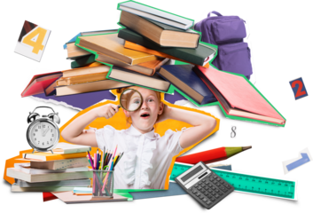 Abstract mixed media with schoolgirl examining books on transparent background. Concept of learning curiosity, research mindset, academic exploration and primary school education.