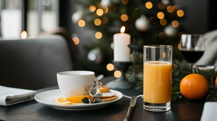Festive christmas breakfast table with pancakes, coffee, orange juice, and cheerful decorations