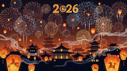 Vibrant chinese new year celebration with fireworks and traditional lanterns illuminating ancient pagodas in 2026