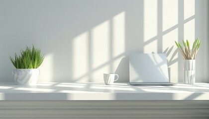 Bright and clean minimalistic home office setup featuring laptop, plant, and coffee mug