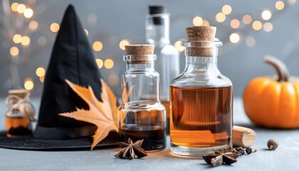 Mystical witch hat and potion bottles on rustic wooden table with enchanting glowing aura