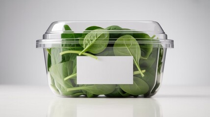 Fresh Spinach Leaves in Clear Plastic Container with Blank Label on White Background.