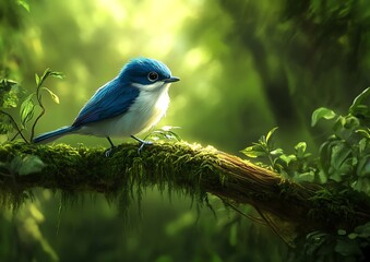 Small blue and white bird perched on a moss covered branch in a sunlit green forest small bird mossy branch