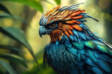 Close up of a vibrant bird with iridescent blue feathers and fiery orange red crest in a lush green forest