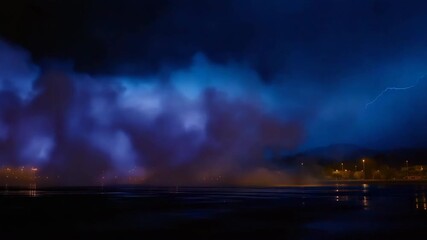 Dramatic thunderstorm over cityscape with lightning at night