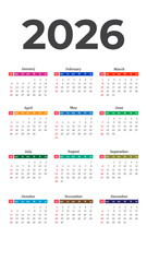 Vertical calendar for the year 2026 showing all twelve months with colorful headers on a white background.