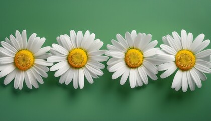 four white daisies with bright yellow centers perfectly arranged in a straight line on a clean soft green surface © Vaughn