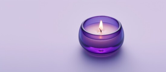 Minimal lavender candle in a purple glass holder on a soft pastel background, perfect for spa relaxation