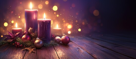Advent candles glowing on a wooden table with festive decorations and warm bokeh lights, creating a cozy Christmas background