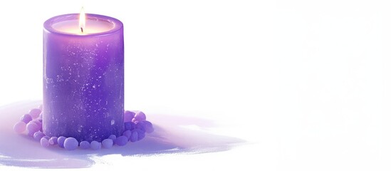 Purple candle with wax drops on a clean white background, ideal for spa decor or relaxation concept