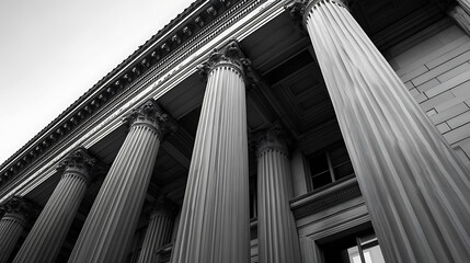 A black and white architectural shot of the front of a government building. The picture emphasizes the stately columns which are classical in style against a light sky background.