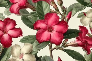 Elegant, chic, vintage seamless repeatable pattern featuring watercolor adenium desert rose flower in pink have green leaves and white background