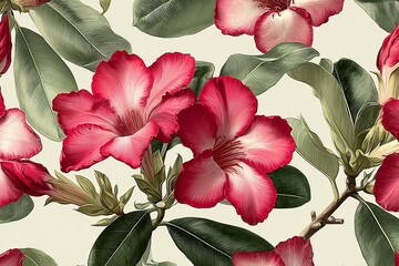 Elegant, chic, vintage seamless repeatable pattern featuring watercolor adenium desert rose flower in pink have green leaves and white background