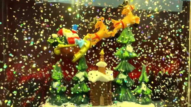 A miniature Santa in a sleigh with reindeer floats inside a water-filled display as shimmering confetti swirls like snow, creating a magical and festive holiday scene.