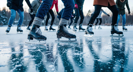 Obraz premium Group of skaters on pond gliding across ice in winter atmosphere 