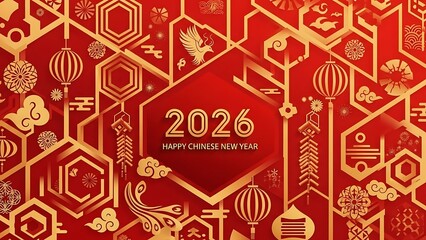 Golden chinese new year 2026 design with phoenix and lanterns on red hexagonal background celebrating the year of the dragon