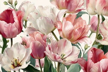 Elegant, chic, vintage seamless repeatable pattern featuring watercolor tulips, soft dreamy pink